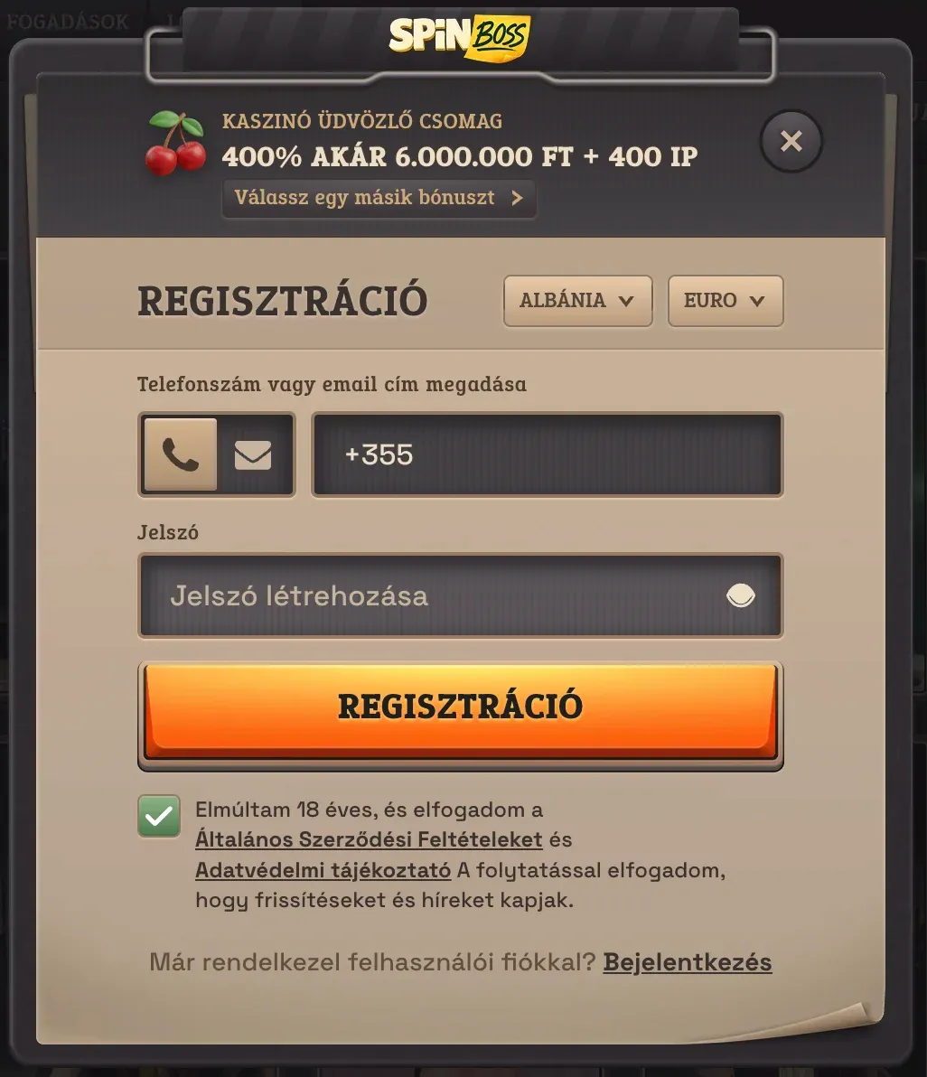 Regisztrációs űrlap a Spinboss casino